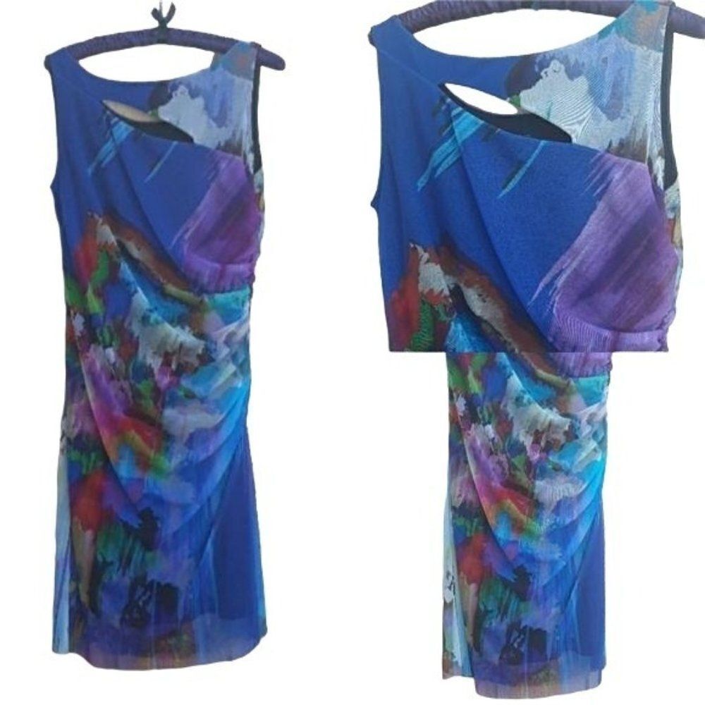 Vtg 90's Dress Bodycon Artsy‎ Sleeveless Cutout Ruched Watercolor Blue Sz L
